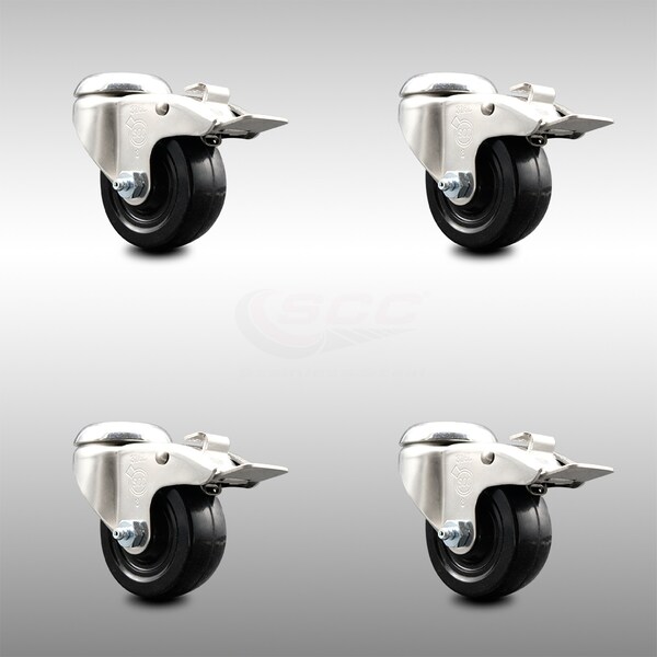 3 Inch 316SS Hard Rubber Wheel Swivel Bolt Hole Caster Set with Lock Brake SCC